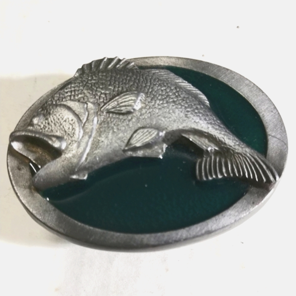 🦈🐬Fishing Large Mouth Bass Jumping Belt Buckle Pewter & Enamel 1987 Vintage